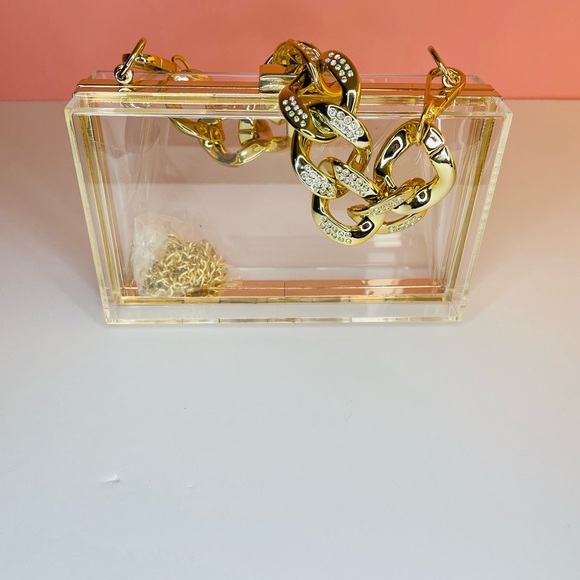 Crystal Chunky Chain Gold/Clear Box Clutch Handbag - Picture 4 of 7